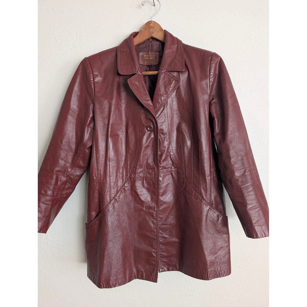 Vintage Burgundy Genuine Leather Jacket Oxblood Mid Length Coat Womens 15/16